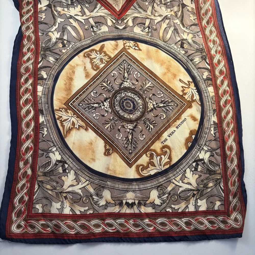 Vintage The Vera Studio Scarf Geometric Printed Rectangle Taupe  Red‎ Beige 52”